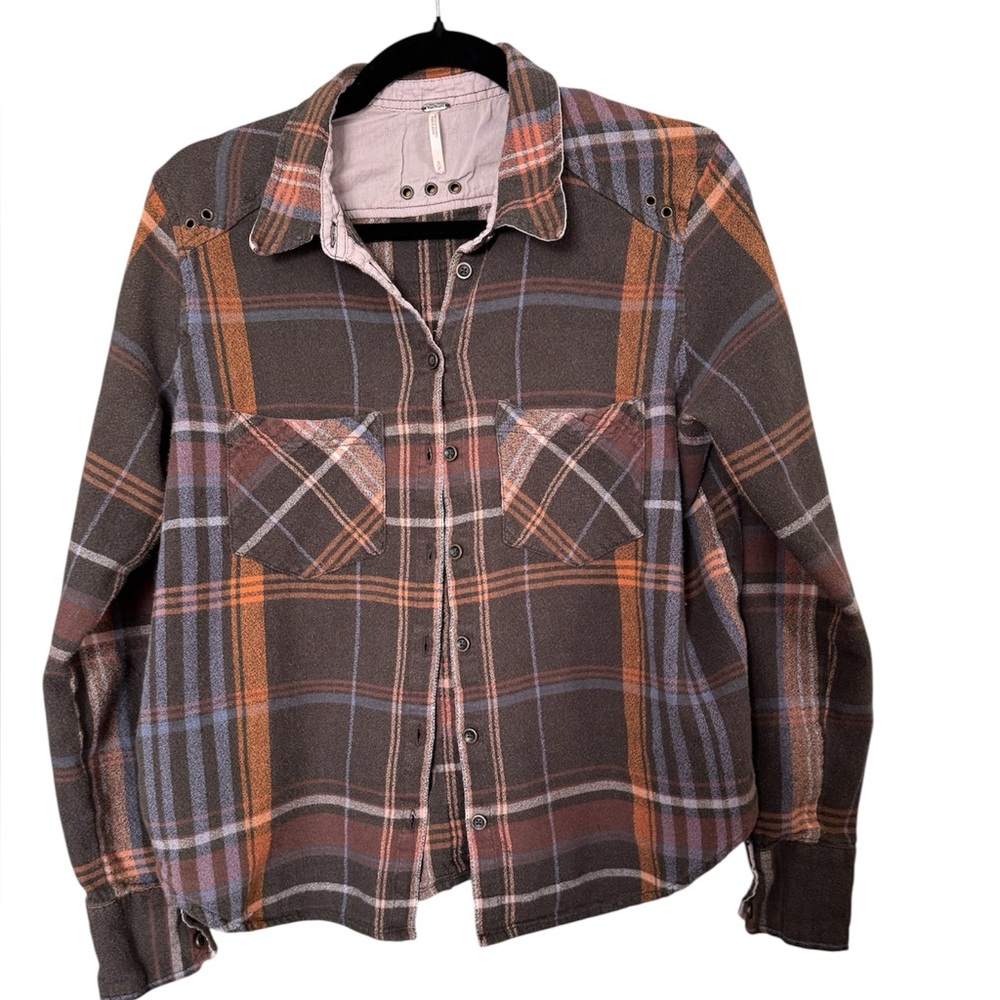Free People Plaid flannel  in Brown, Orange & blue